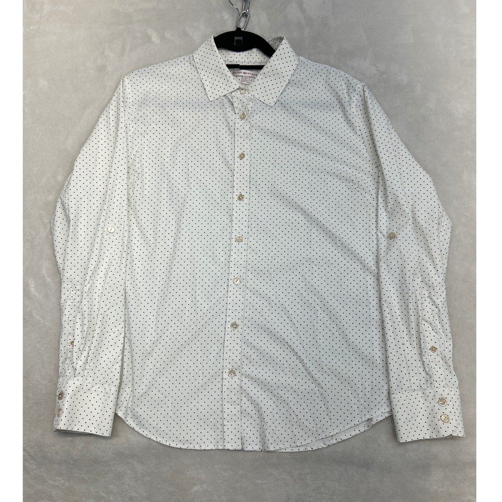 Peter Millar Button Down Womens L White Polka Dot Roll Tab Sleeve Stretch